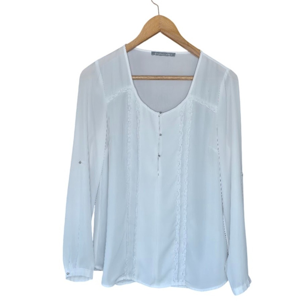 Daniel Rainn Ivory Lace Trim Blouse Sheer Roll Tab Sleeve Women S Romantic Flowy